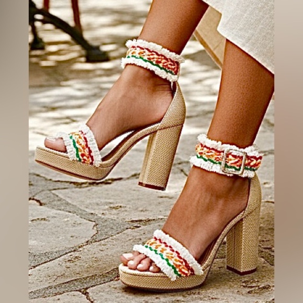 SCHUTZ Women's Cream ZOOLA Heel Sandals Multicolor Fringe Accents Shoes 8.5